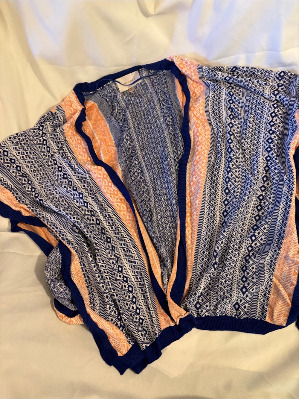 Skies Are Blue Navy and Peach Patterned Open Cardigan Sweater